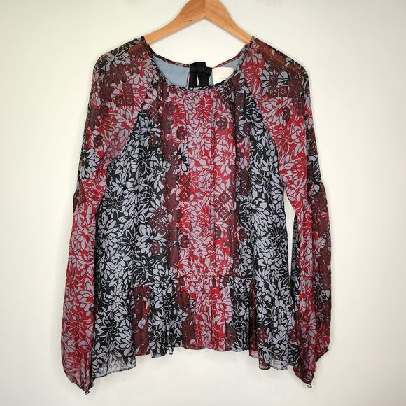 Cinq a Sept Silk Floral Tie Back Peplum Blouse Red Black S - Picture 3 of 9